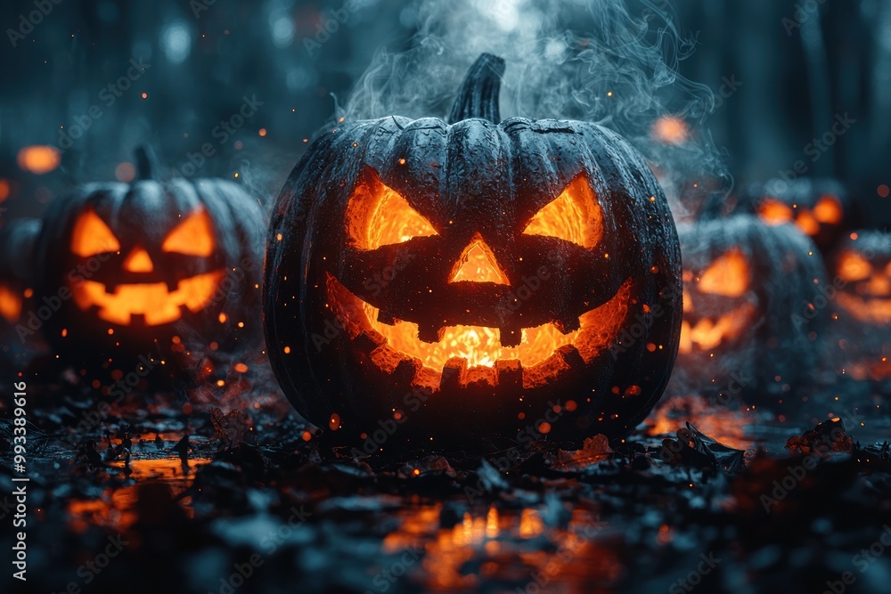 Glowing jack-o'-lanterns with eerie faces in misty, atmospheric Halloween scene Generative AI Glowing jack-o'-lanterns with eerie faces in misty, atmospheric Halloween scene Generative AI