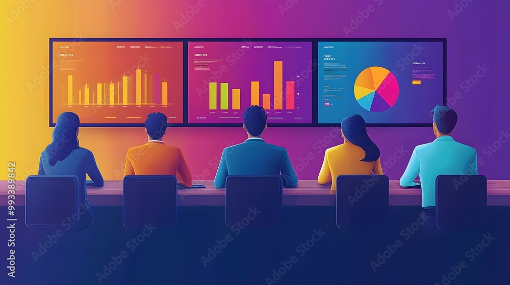 Obraz premium Online business presentation showing team collaboration via video conference, vector art