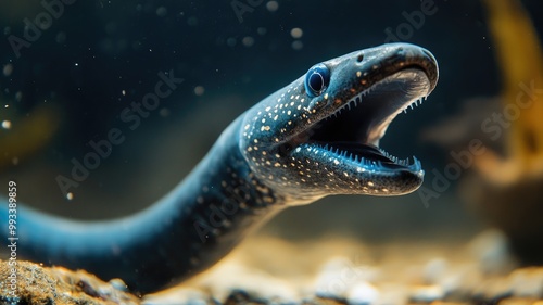 Aquatic eel-like creature with sharp teeth in underwater habitat photo