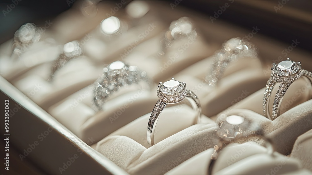 A row of diamond rings in a custom-made box, each reflecting soft light, with their luxurious designs on full display. A row of diamond rings in a custom-made box, each reflecting soft light, with their luxurious designs on full display.
