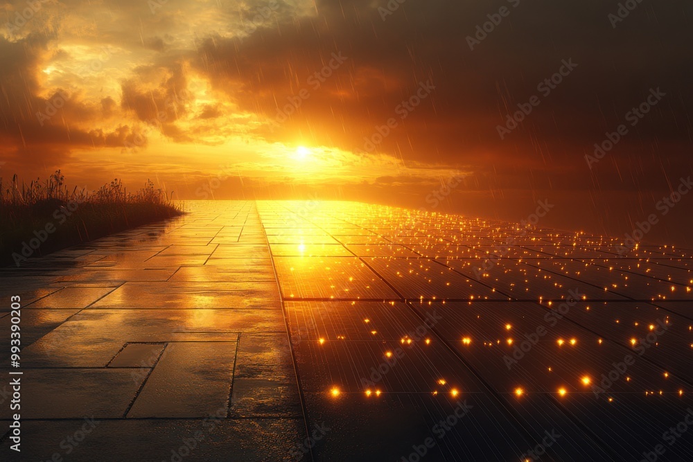 Golden Sunset Over Solar Panels Golden Sunset Over Solar Panels