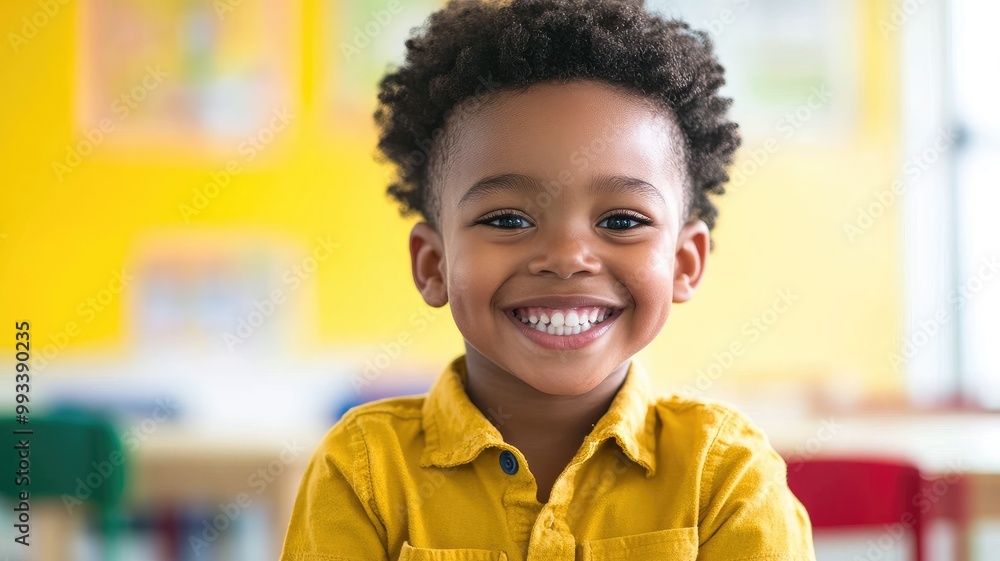 Smiling young boy with curly hair wearing yellow shirt in colorful classroom Smiling young boy with curly hair wearing yellow shirt in colorful classroom