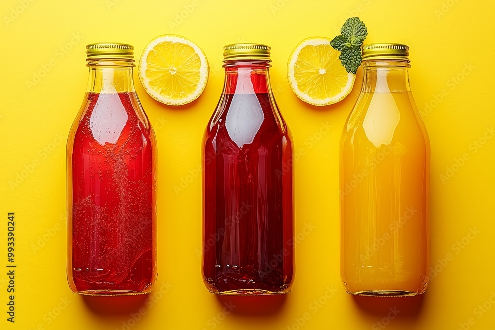 Bottles of colorful soft drinks on a vivid yellow background Bottles of colorful soft drinks on a vivid yellow background