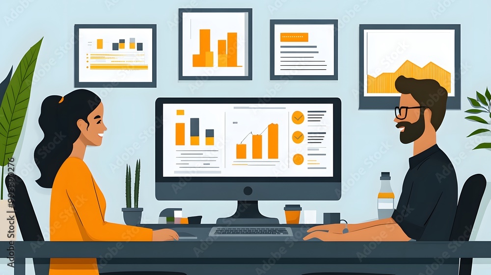 Business professionals sharing ideas during an online meeting via video conferencing, vector art Business professionals sharing ideas during an online meeting via video conferencing, vector art