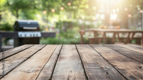 A rustic wooden table with a blurred BBQ grill and patio space in the background. Ideal for emphasizing outdoor dining and summertime cookouts.