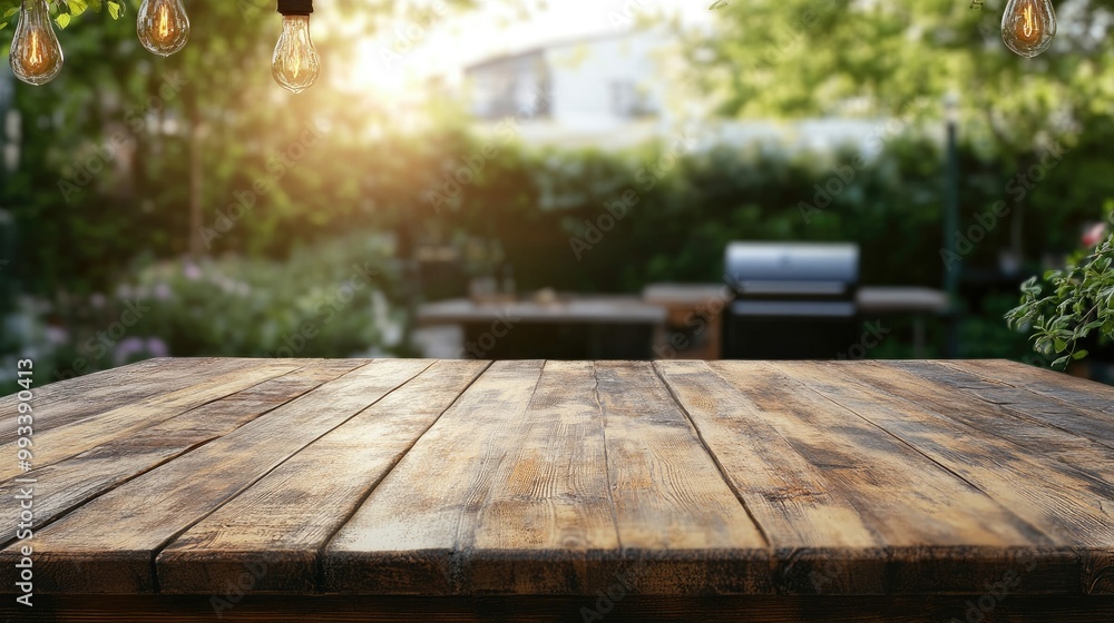 A rustic wooden table with a blurred BBQ grill and patio space in the background. Ideal for emphasizing outdoor dining and summertime cookouts. A rustic wooden table with a blurred BBQ grill and patio space in the background. Ideal for emphasizing outdoor dining and summertime cookouts.