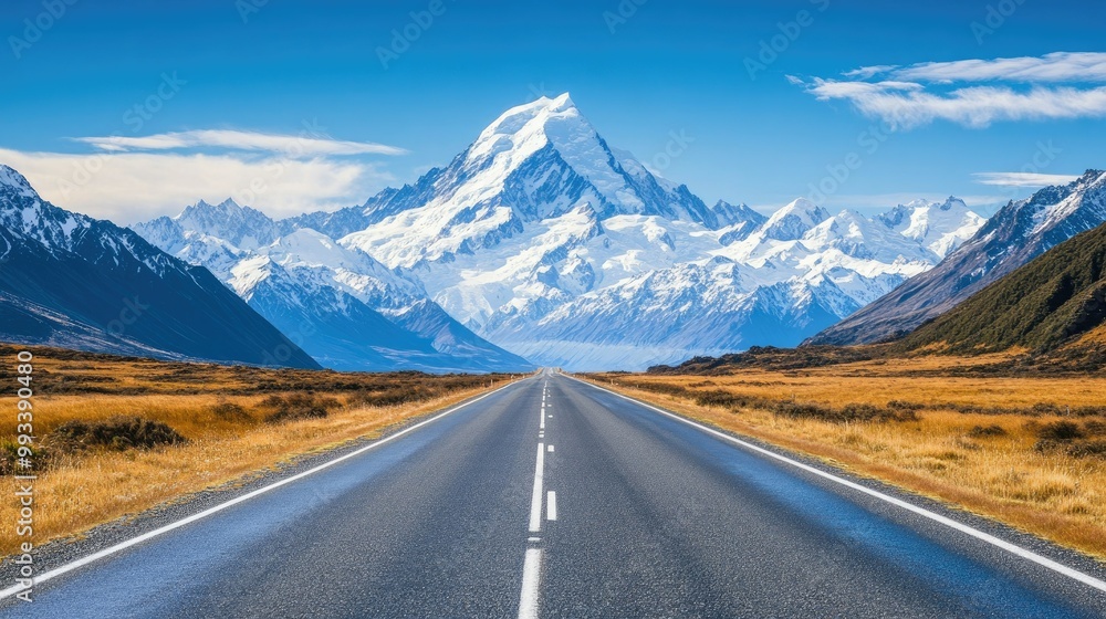 Naklejka premium A scenic highway stretching toward distant snow-capped mountains under a clear blue sky, with the road disappearing into the horizon.