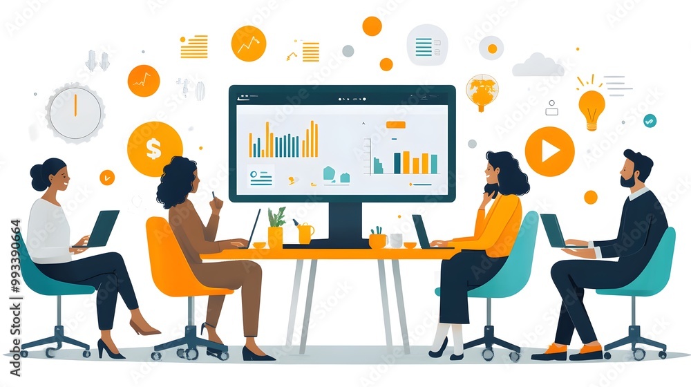 Online meeting interface with business team sharing ideas through video conferencing, vector style Online meeting interface with business team sharing ideas through video conferencing, vector style