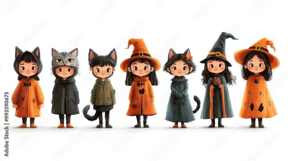 Adorable children dressed in cat and witch costumes, standing in a row, featuring a mix of orange, black, and green outfits, Generative AI Adorable children dressed in cat and witch costumes, standing in a row, featuring a mix of orange, black, and green outfits, Generative AI