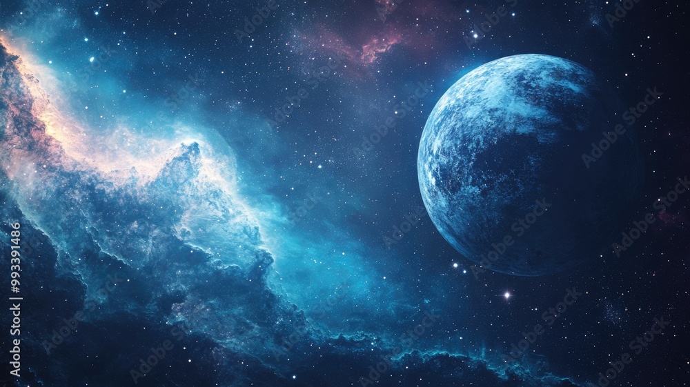 Distant planet with surrounding space nebula, colorful and vast Distant planet with surrounding space nebula, colorful and vast