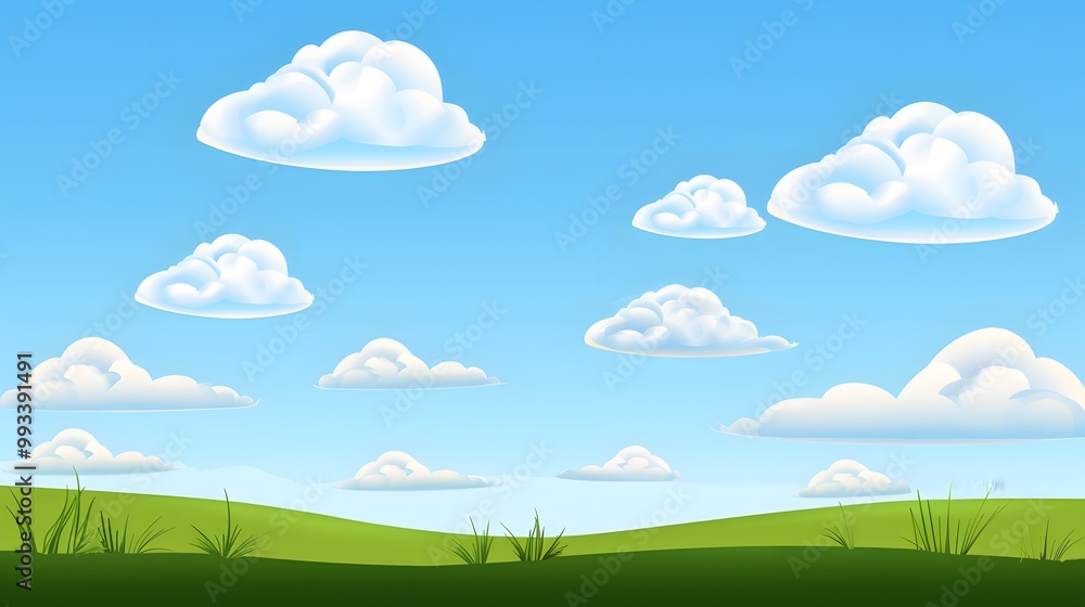 Fototapeta premium Soft Cartoon Clouds Floating in a Clear Blue Sky with Green Grass and Gentle Hills Below