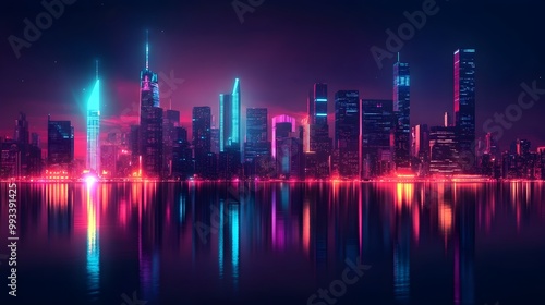 Glowing Futuristic Cityscape with Vibrant Neon Lights and Reflective Skyscrapers