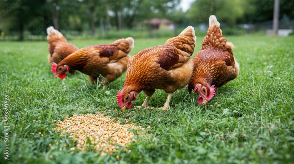 Three brown chickens pecking at corn on a grassy lawn. Three brown chickens pecking at corn on a grassy lawn.