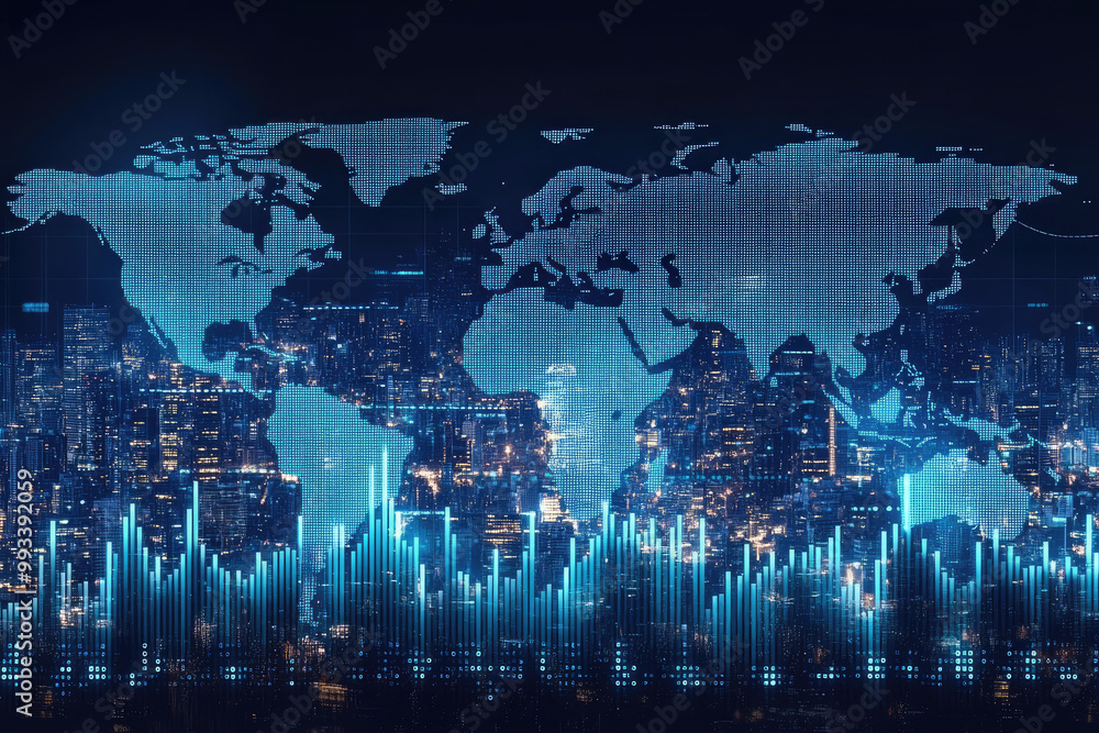 A digital map of the world with global financial data points glowing in blue, representing trade and economic connectivity. Created with Ai A digital map of the world with global financial data points glowing in blue, representing trade and economic connectivity. Created with Ai