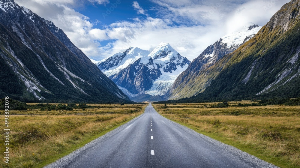 A straight road leading through an alpine valley, framed by towering snow-capped mountains and lush green meadows. A straight road leading through an alpine valley, framed by towering snow-capped mountains and lush green meadows.