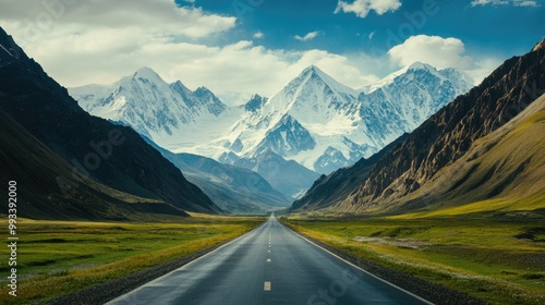 A straight road leading through an alpine valley, framed by towering snow-capped mountains and lush green meadows.