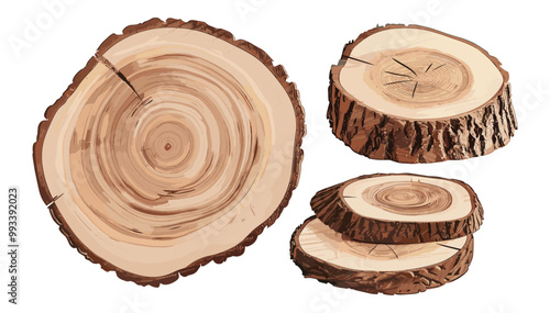 Cross section of tree trunk isolated on white background vector illustration, wooden texture with different rings and cracks, detailed wood grain patterns, tree stump slice design, wood texture