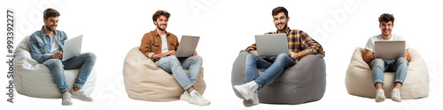 set of Young man unboxing new laptop sitting on bag chair, sitting on chair unboxing laptop from bag, sitting bag on chair, putting bag on chair, unboxing laptop, on a transparent backgrounds