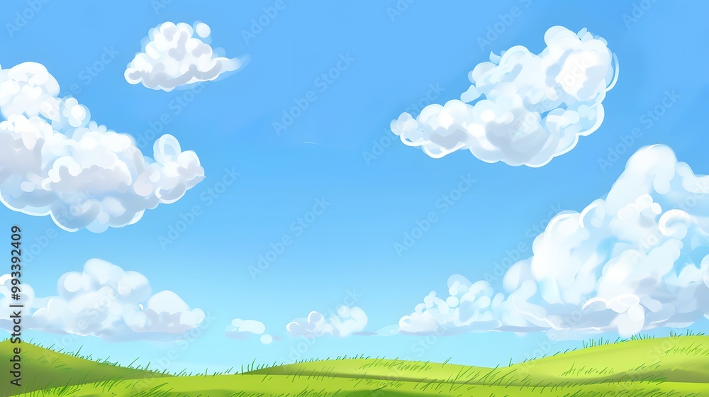 Soft Cartoon Clouds Floating in a Clear Blue Sky with Green Grass and Gentle Hills Below Soft Cartoon Clouds Floating in a Clear Blue Sky with Green Grass and Gentle Hills Below
