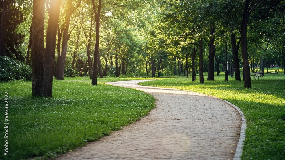 Curved path in lush green forest park with sunlight filtering through trees Curved path in lush green forest park with sunlight filtering through trees