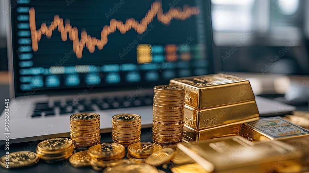 A table covered in gold bars, cash, and coins with a stock market graph on a laptop in the background, symbolizing financial growth. A table covered in gold bars, cash, and coins with a stock market graph on a laptop in the background, symbolizing financial growth.