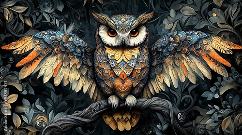 A vibrant owl with mandala-inspired wings perched on a twisted branch, its body covered in detailed geometric patterns, in a mystical forest filled with swirling shapes and abstract forms. photo