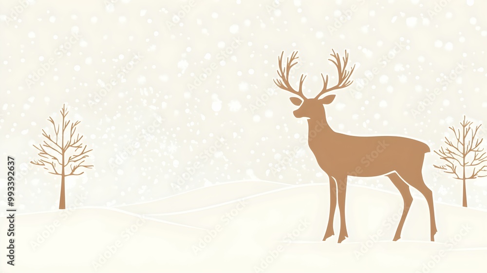 Golden silhouette of a reindeer in a snowy landscape with minimalistic winter scenery and snowflakes
Golden silhouette of a reindeer in a snowy landscape with minimalistic winter scenery and snowflakes