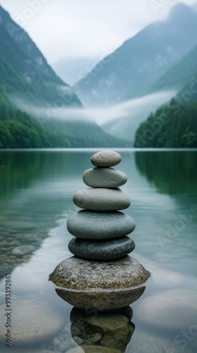 Balanced stones on serene lakeside with misty mountain background