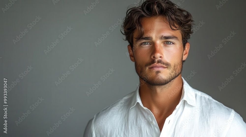 young man in a stylish white shirt poses confidently against a simple gray background highlighting modern fashion sensibilities and a sophisticated aesthetic young man in a stylish white shirt poses confidently against a simple gray background highlighting modern fashion sensibilities and a sophisticated aesthetic