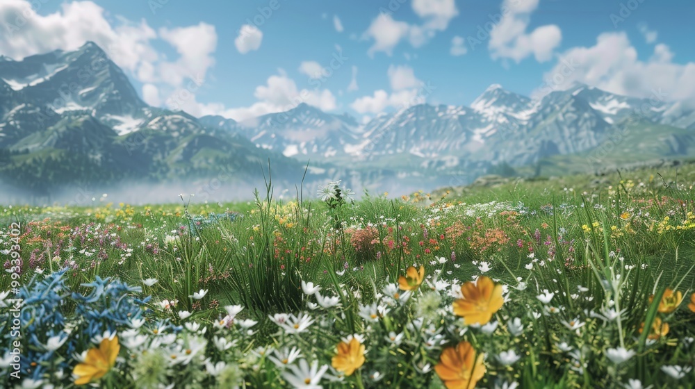 Fototapeta premium Tranquil meadow scene featuring vibrant blooming flowers and a soft breeze, complemented by a majestic distant mountain range.