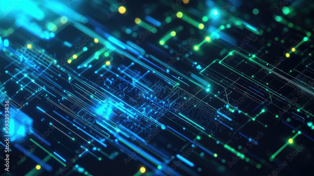 Abstract 3D vector of digital technology with blue and green connections. High-speed data flow across glowing circuits, representing future tech and AI innovation Abstract 3D vector of digital technology with blue and green connections. High-speed data flow across glowing circuits, representing future tech and AI innovation