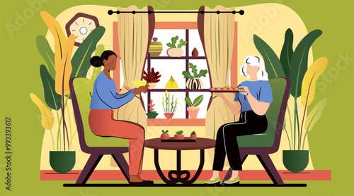 Two women enjoying tea in cozy living room with plants and window. Warm colors comfortable chairs and indoor greenery create a relaxing atmosphere