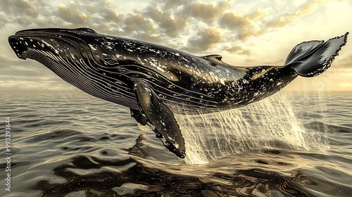 A whale breaching the surface of a calm ocean, creating beautifully detailed water ripples. The scene is bathed in golden light from a setting sun, reflecting on the water and the whale’s body. photo