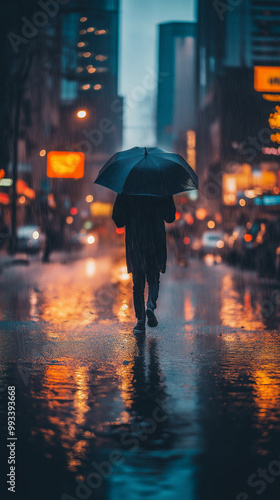 Person holding an umbrella on a wet city street in the rain at night