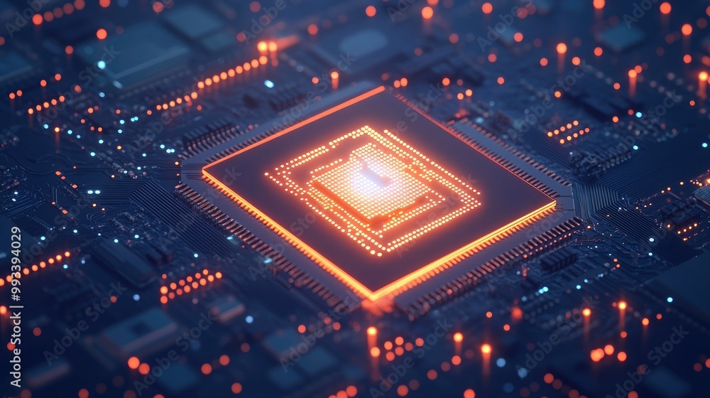 AI microchip glowing brightly on a high-tech circuit board, set against a blue digital background. Ideal for illustrating future technologies and computing power. AI microchip glowing brightly on a high-tech circuit board, set against a blue digital background. Ideal for illustrating future technologies and computing power.