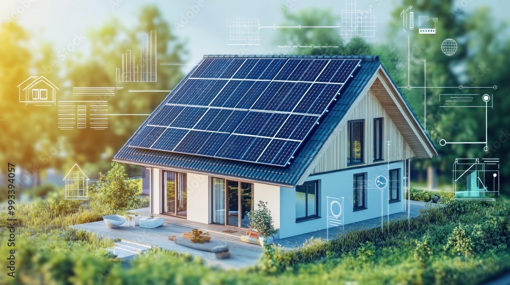Modern house with solar panels on the roof in a green environment with blueprint overlays. Modern house with solar panels on the roof in a green environment with blueprint overlays.