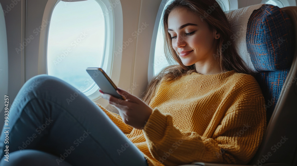 Young woman sitting with phone on the aircraft seat near the window during the flight in the airplane Young woman sitting with phone on the aircraft seat near the window during the flight in the airplane