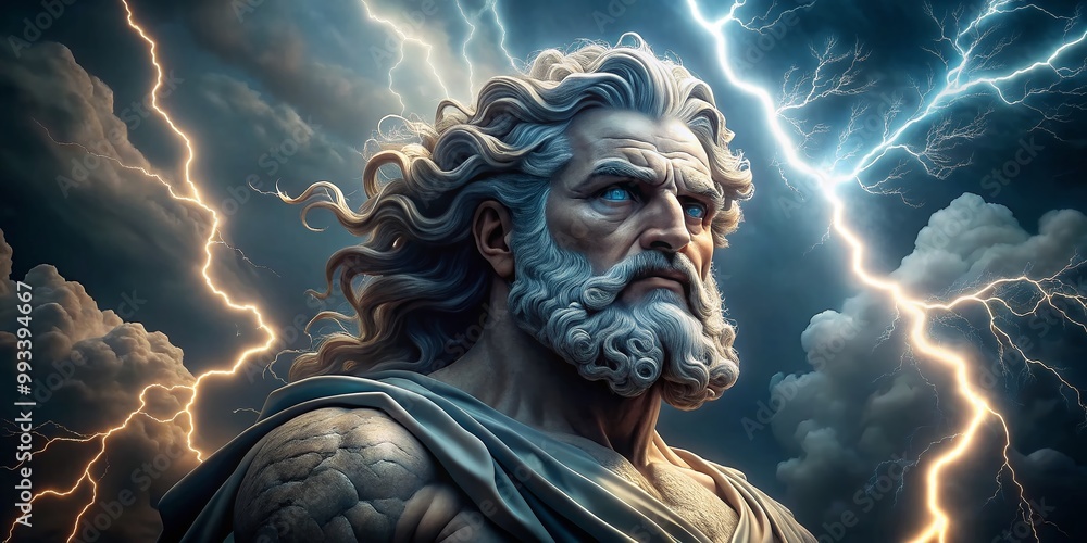Majestic Zeus Holding Lightning Bolt Against Stormy Sky, Symbolizing Power and Divine Authority Majestic Zeus Holding Lightning Bolt Against Stormy Sky, Symbolizing Power and Divine Authority
