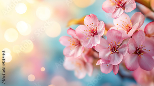 Natural Sunny Background with Pink Cherry Blossoms