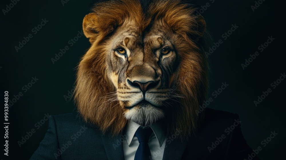 Close-up portrait of a lion in a suit, looking directly at the camera. Close-up portrait of a lion in a suit, looking directly at the camera.