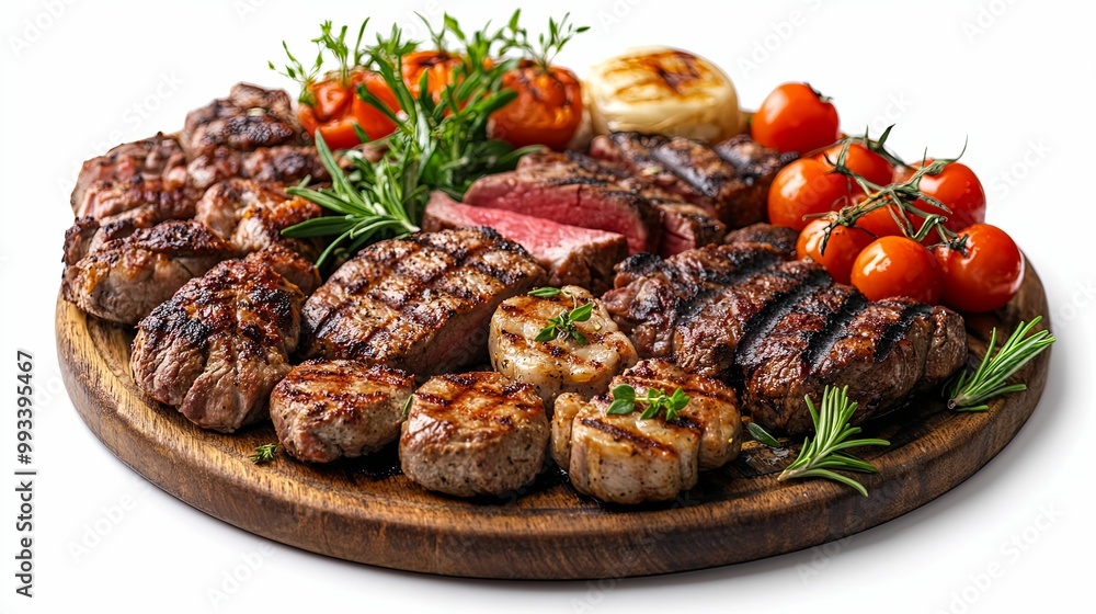 Grilled Meat Platter with Tomatoes and Herbs on Wooden Board Grilled Meat Platter with Tomatoes and Herbs on Wooden Board