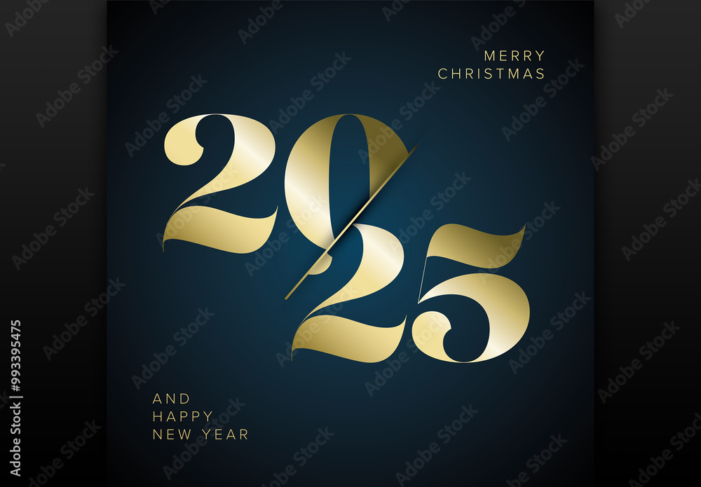 Minimalistic Happy new year card 2025 template with golden numbers