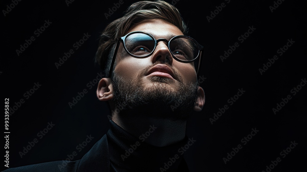 Fototapeta premium Portrait of a young man looking up with glasses on a dark background.