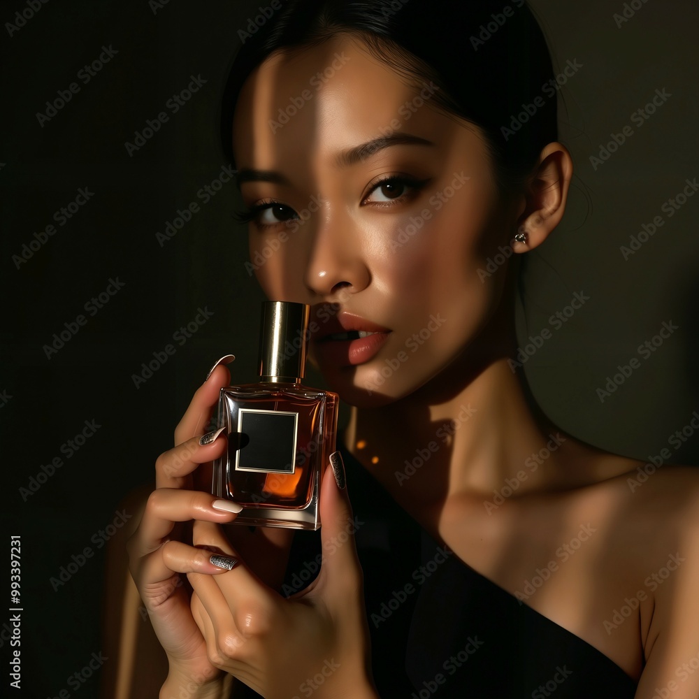 Asian Woman Holding Perfume Bottle, Glamour and Beauty. Low key photograpny. Asian Woman Holding Perfume Bottle, Glamour and Beauty. Low key photograpny.