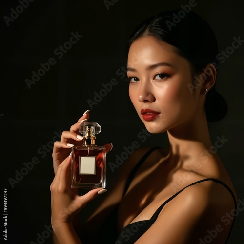 Asian Woman holding bottle of perfume Against Black Background. Low key photograpny. photo