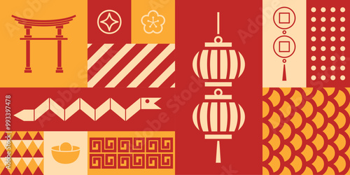 Chinese new year geometric seamless pattern. Modern asian snake shio year elements. isolated on background. Postcard with Retro clean concept design