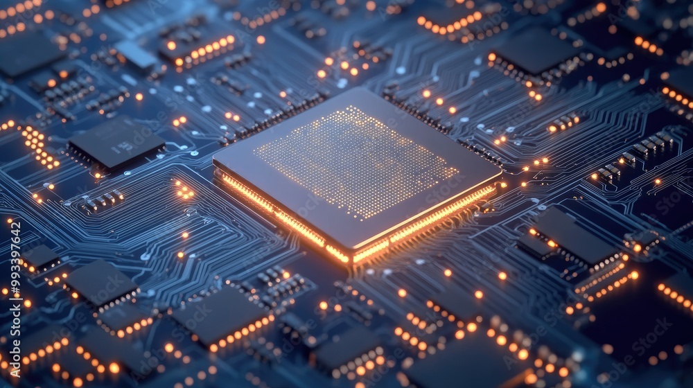 Brightly lit AI microchip on a light circuit board, with a blue digital background. Perfect for representing advanced computing, CPU processors, and modern tech innovations. Brightly lit AI microchip on a light circuit board, with a blue digital background. Perfect for representing advanced computing, CPU processors, and modern tech innovations.
