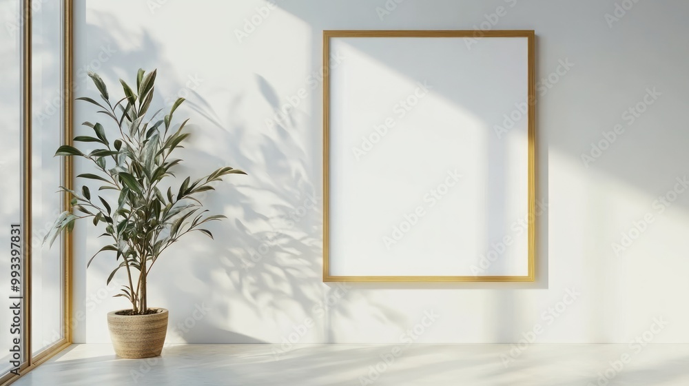 Minimalist interior with a large blank poster frame and a potted plant in the corner. Minimalist interior with a large blank poster frame and a potted plant in the corner.