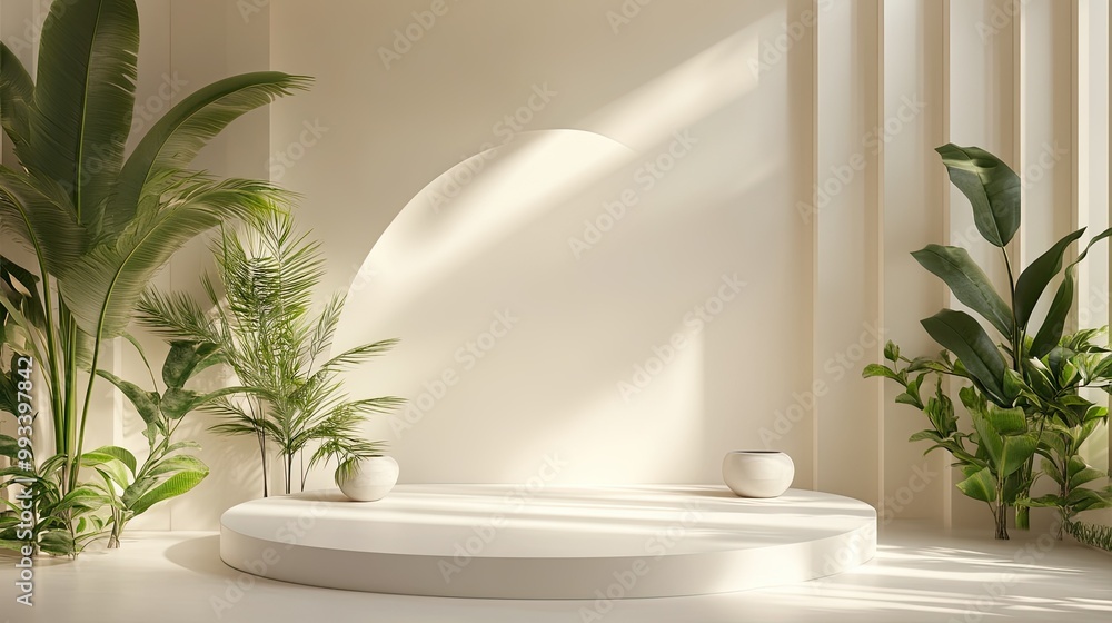 Clean, minimalist studio with 3D-rendered indoor plants. Abstract shapes and neutral backgrounds create the perfect setting for product display Clean, minimalist studio with 3D-rendered indoor plants. Abstract shapes and neutral backgrounds create the perfect setting for product display