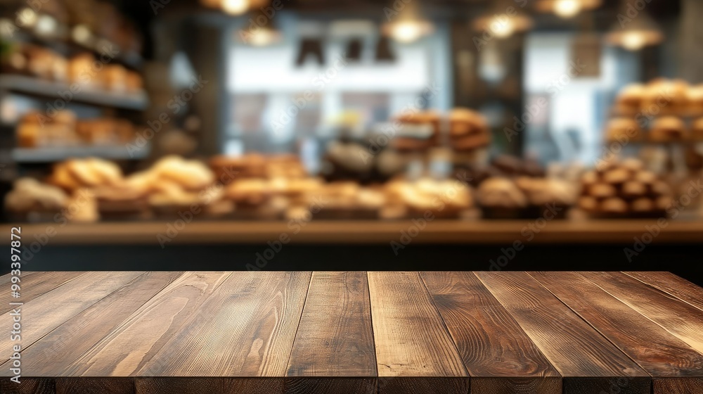 Clean wooden board table in the foreground with a blurred bakery shop behind, ideal for showcasing baked goods or pastry presentations. Clean wooden board table in the foreground with a blurred bakery shop behind, ideal for showcasing baked goods or pastry presentations.